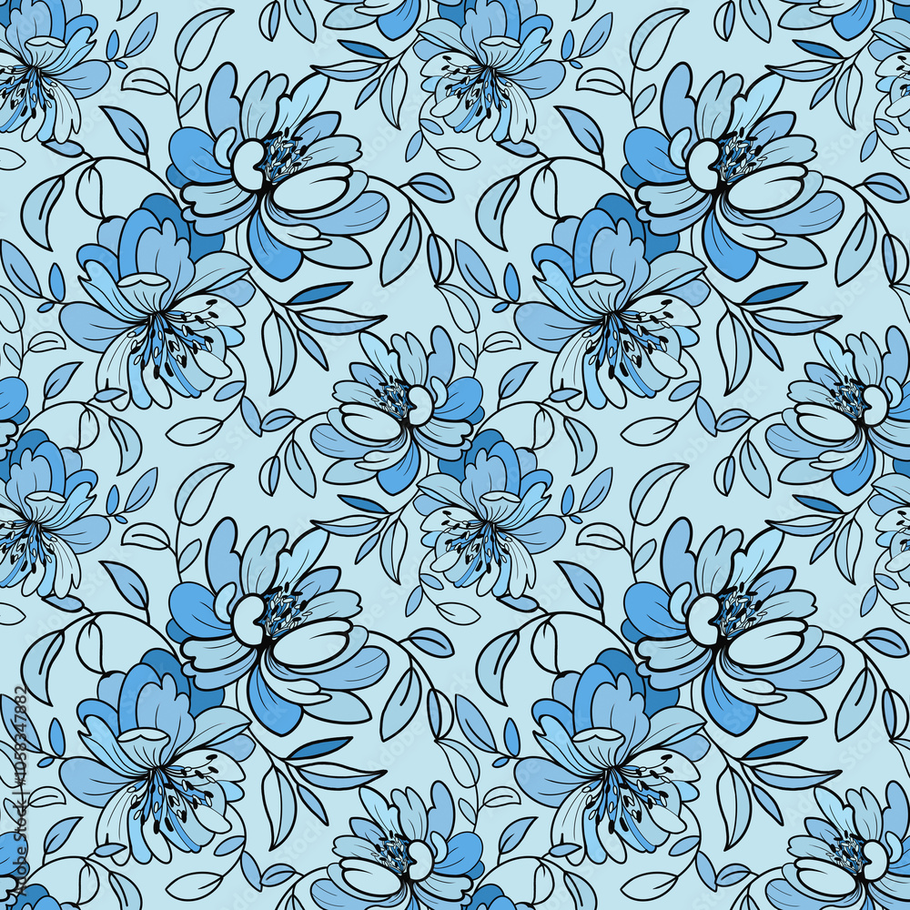 Seamless pattern with blue peony flowers on a blue background Seamless pattern with blue peony flowers on a blue background