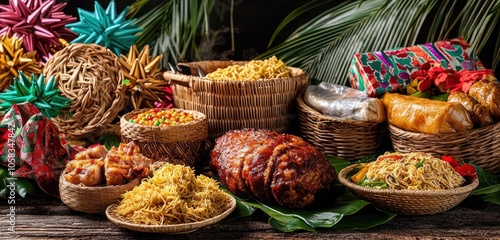 A festive Filipino Noche Buena spread including lechon, pancit, and bibingka, surrounded by colorful parols, woven baskets, and tropical holiday decorations photo