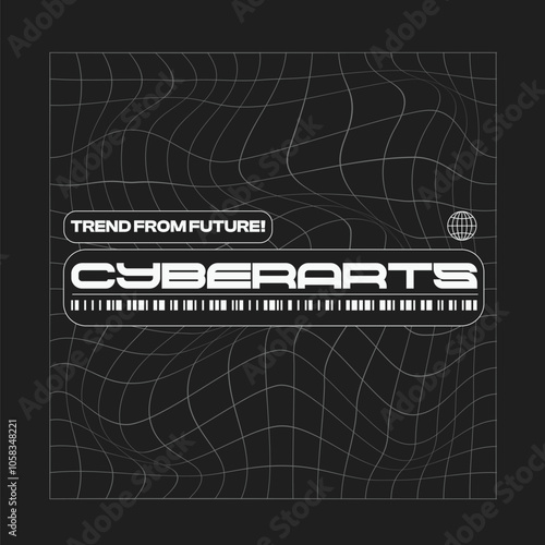 Monochrome Minimal Futuristic Style Illustration of Cyber Arts with Trend of the Future, with Curved Grid, Black Background