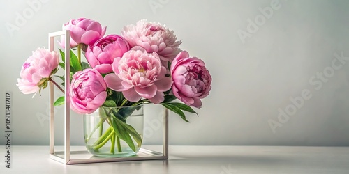 Fototapeta Naklejka Na Ścianę i Meble -  Elegant peonies nestled within a sleek and modern glass frame, botanical print, modern decor, peonies, elegant design