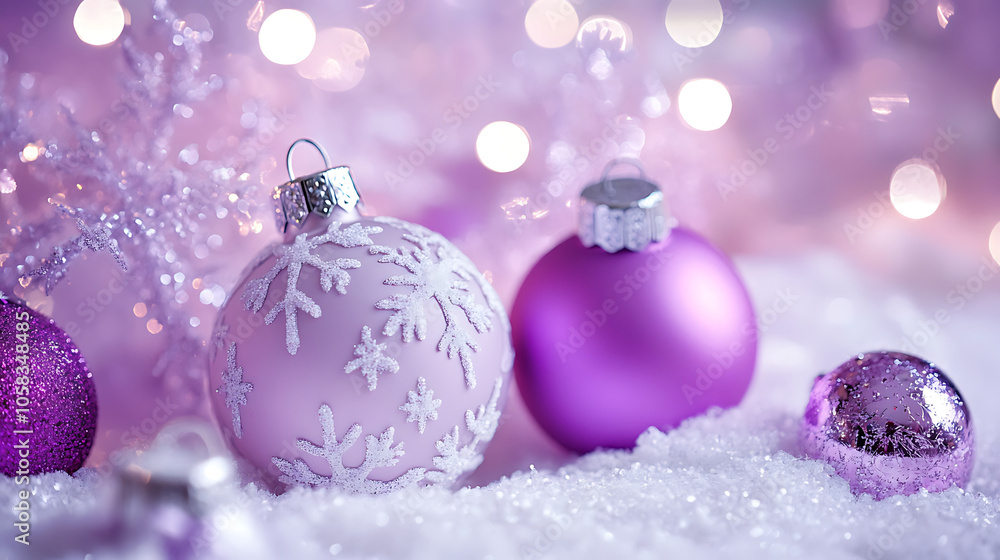 Fototapeta premium Delicate lavender ornaments and snowflakes create festive atmosphere