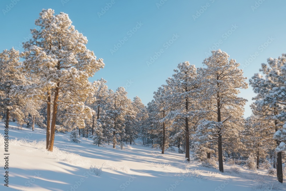Serene winter landscape: snow-covered trees under a clear blue sky Serene winter landscape: snow-covered trees under a clear blue sky