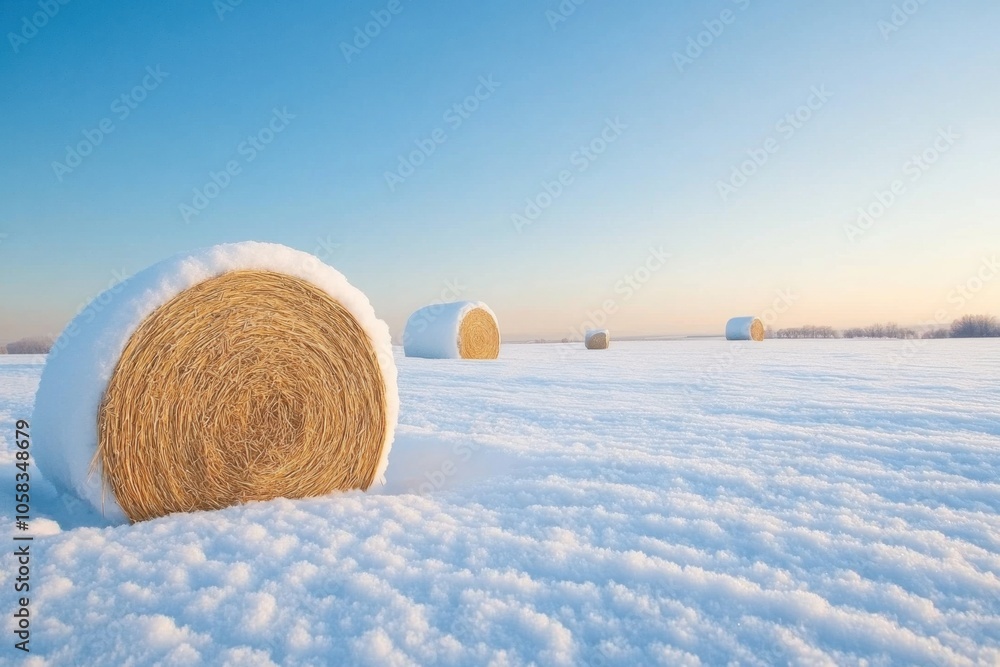 Snow-covered hay bales in a winter field at sunrise Snow-covered hay bales in a winter field at sunrise