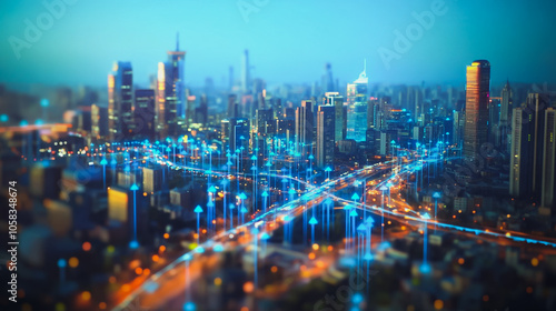 Smart digital Innovation city with connection network reciprocity over the cityscape. of future smart wireless digital city and social media networking systems that connects people with in city