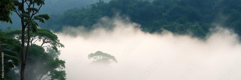 Tropical forest enveloped in morning fog, creating a mysterious and serene atmosphere, mist, trees, beauty Tropical forest enveloped in morning fog, creating a mysterious and serene atmosphere, mist, trees, beauty