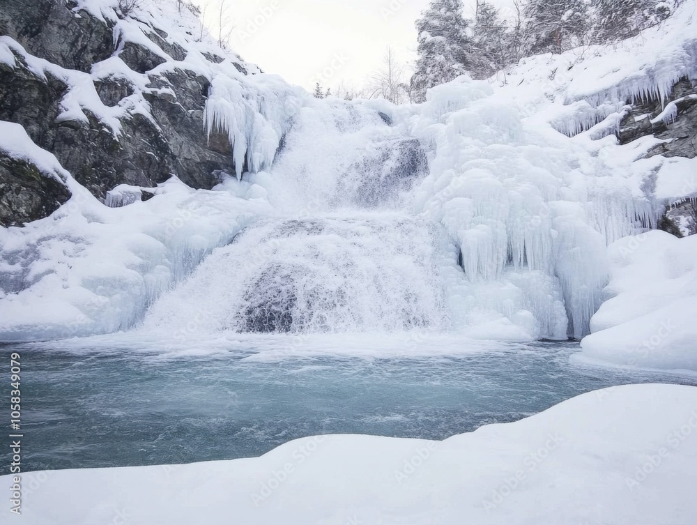 Majestic frozen waterfall cascading into icy pool amid snow-covered landscape Majestic frozen waterfall cascading into icy pool amid snow-covered landscape