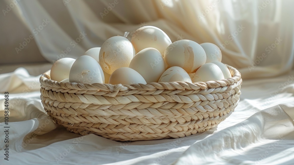 A basket of white eggs on a white cloth with natural light streaming in from behind. A basket of white eggs on a white cloth with natural light streaming in from behind.