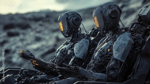 Two Robots Seated in Dark Cockpit photo