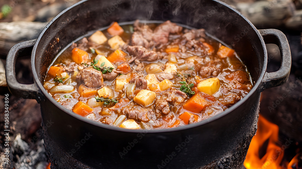 pot of hot stew simmering over open fire, filled with vegetables and meat pot of hot stew simmering over open fire, filled with vegetables and meat