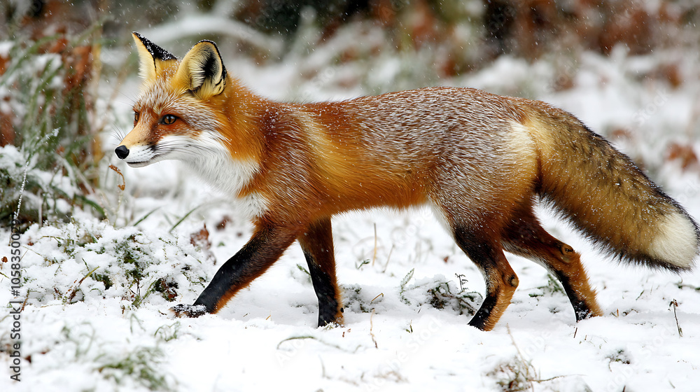 Obraz premium red fox walking through fresh snow, looking back with curiosity