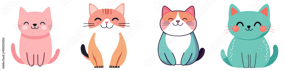 Obraz premium Collection of Cute and Cheerful Cartoon Cat Characters in Vibrant Pink Green Orange and Blue Colors Playful Feline Graphic for Websites Apps and Merchandise