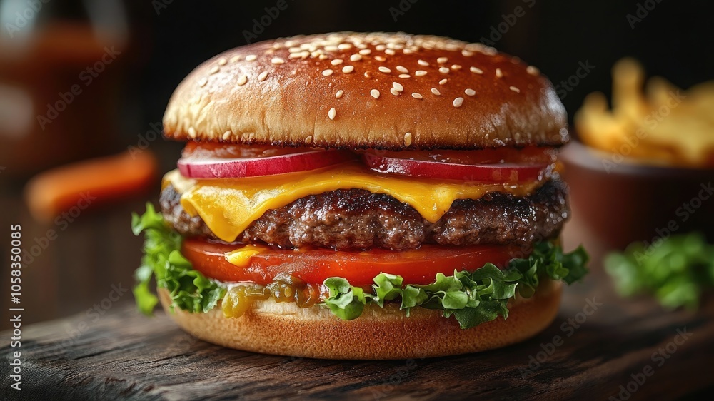 Ultra-realistic bacon cheeseburger on a dark background, showcasing vibrant colors and incredible detail; perfect for food festivals and celebrations. Ultra-realistic bacon cheeseburger on a dark background, showcasing vibrant colors and incredible detail; perfect for food festivals and celebrations.