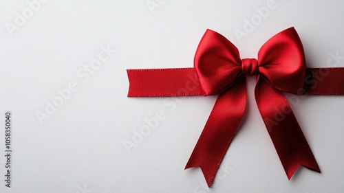 Elegant red ribbon bowknot on a clean white background, perfect for gift wrapping or celebration themes; features ample empty space for personalization.