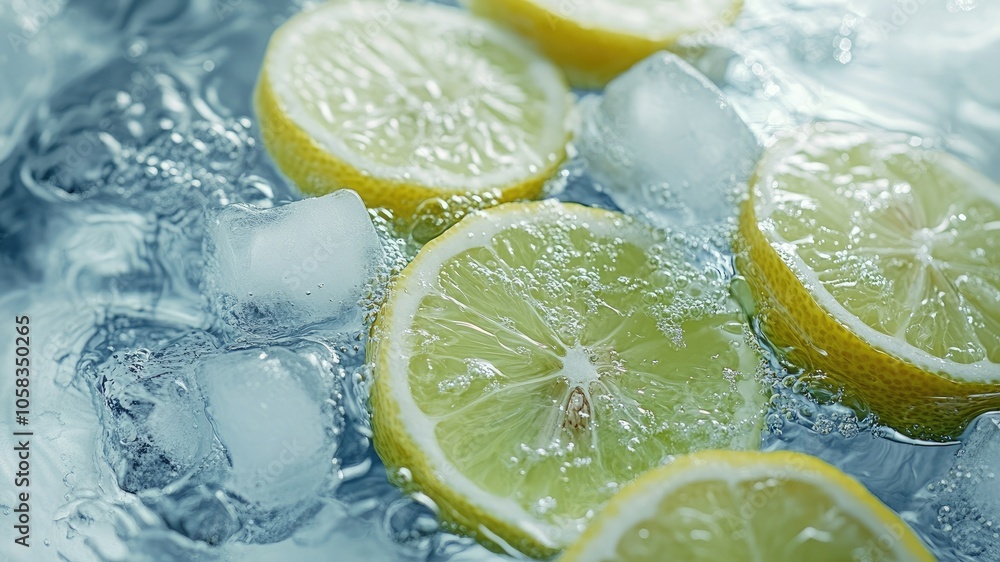 Fresh green lemon slices and ice cubes float in crisp white water, creating a refreshing and cinematic image perfect for advertisements. Fresh green lemon slices and ice cubes float in crisp white water, creating a refreshing and cinematic image perfect for advertisements.