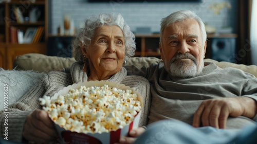 An elderly couple snuggle together on the couch with popcorn, watching TV with rapt attention, depicting a loving and relaxing scene in their living room.