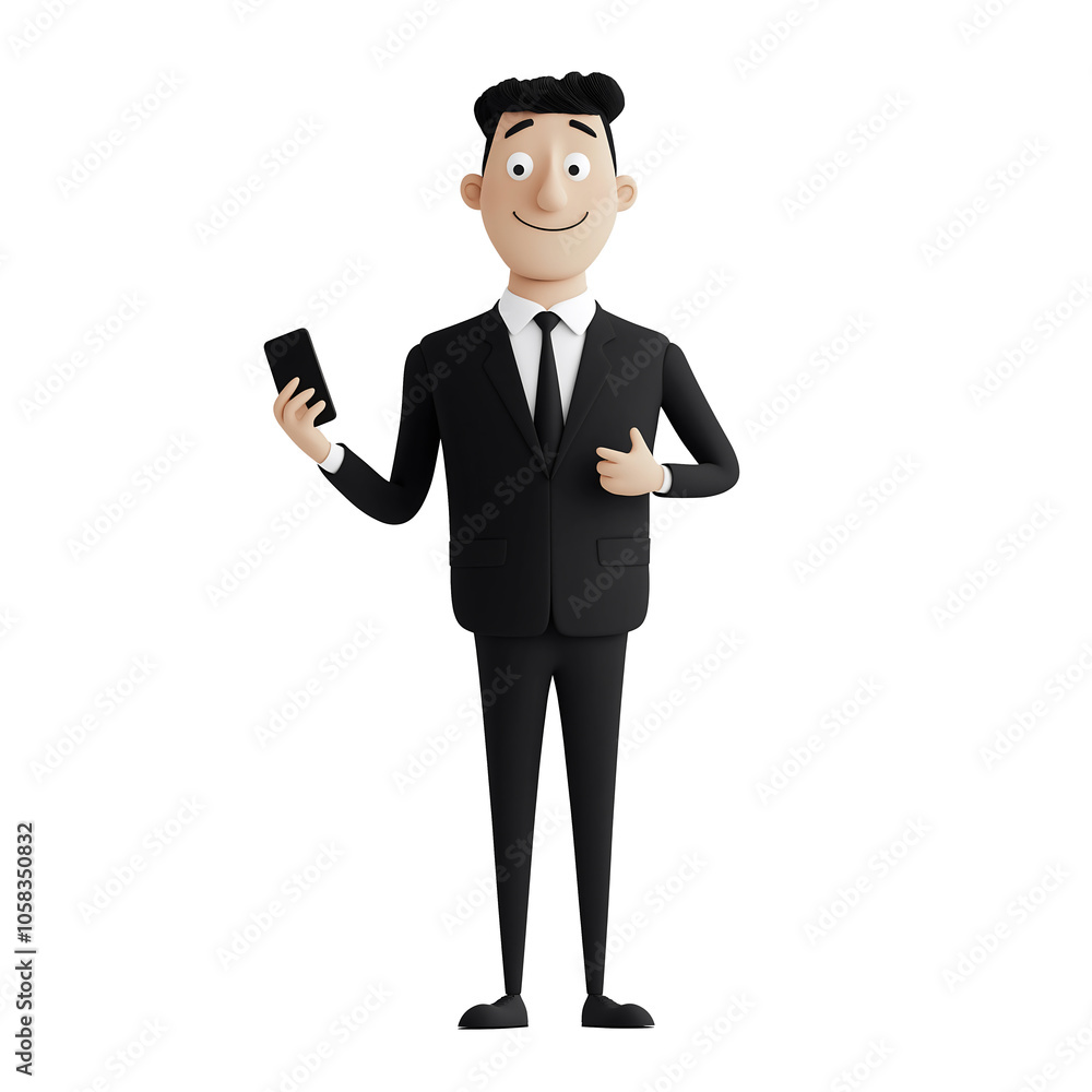 The character stands upright, dressed in a sleek black suit and tie, smiling cheerfully while holding a smartphone in one hand amidst a contemporary office background The character stands upright, dressed in a sleek black suit and tie, smiling cheerfully while holding a smartphone in one hand amidst a contemporary office background