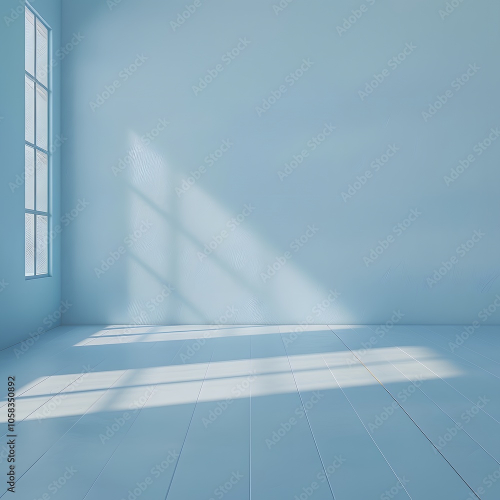 A serene, empty room with soft blue walls and natural light casting shadows. A serene, empty room with soft blue walls and natural light casting shadows.