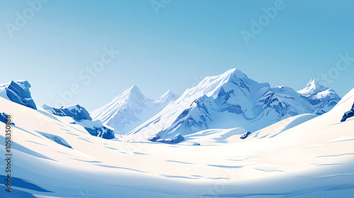 Serene snowy mountain landscape under clear blue sky, evoking tranquility