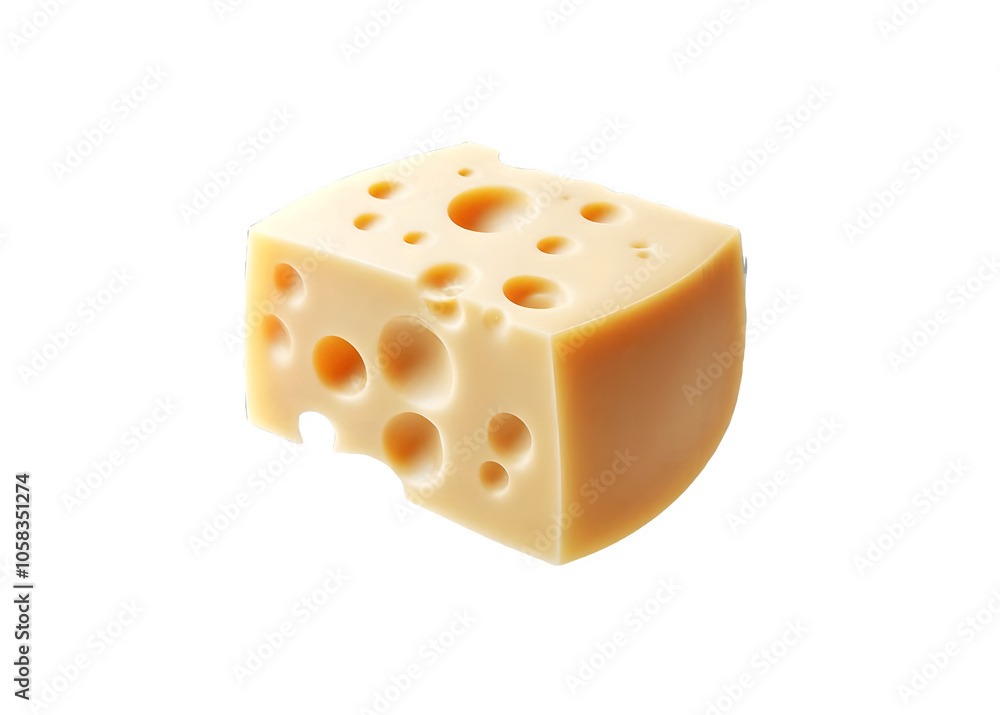 Close up of a Swiss cheese with characteristic holes, showing the texture and smooth surface of the cheese. Isolated on transparent background Close up of a Swiss cheese with characteristic holes, showing the texture and smooth surface of the cheese. Isolated on transparent background