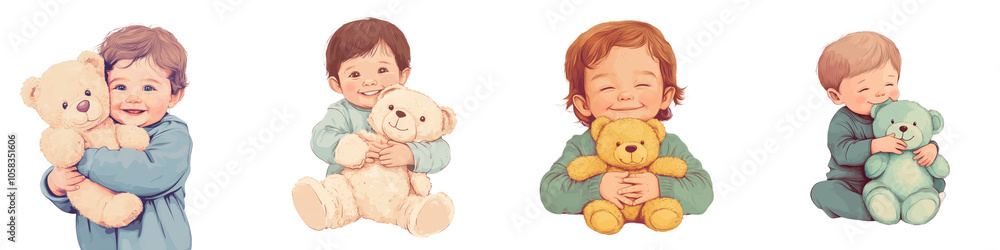 Adorable children of different ages joyfully embracing and cuddling their soft plush stuffed toys showcasing the heartwarming bond and affection between young ones and their beloved companions Adorable children of different ages joyfully embracing and cuddling their soft plush stuffed toys showcasing the heartwarming bond and affection between young ones and their beloved companions