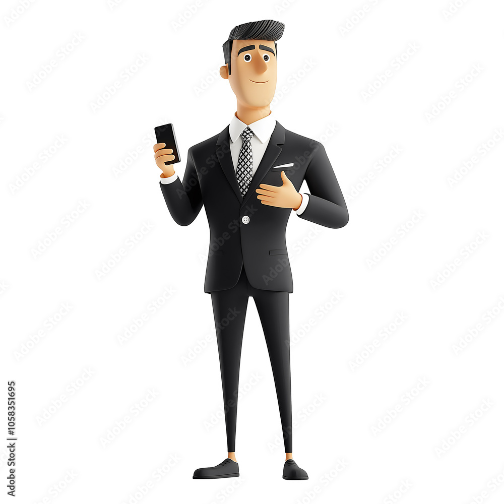 A sophisticated character dressed in a tailored suit stands upright, holding a smartphone in one hand while gesturing with the other, exuding confidence and professionalism A sophisticated character dressed in a tailored suit stands upright, holding a smartphone in one hand while gesturing with the other, exuding confidence and professionalism