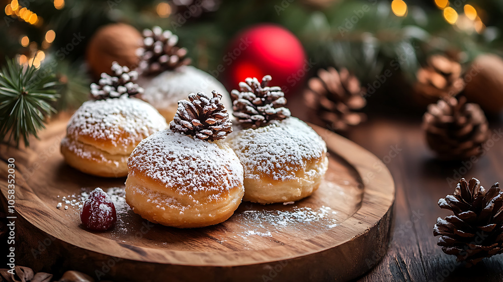 Delicious winter pastries with powdered sugar and pinecones on wooden platter Delicious winter pastries with powdered sugar and pinecones on wooden platter