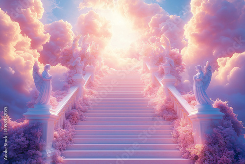 Pink Stairway to Heaven with Angel Statues and Golden Clouds