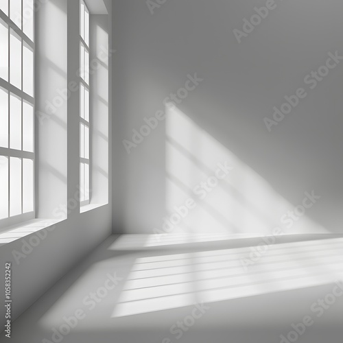 A minimalist interior with light streaming through windows, creating shadows on the floor.