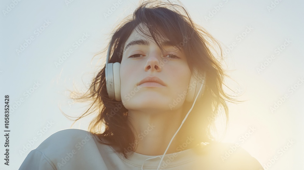 A woman in her forties wears an oversized sweatshirt while listening to music on headphones. Sunlight creates an ethereal ambiance, casting halos around her eyes and adding a dreamlike quality. A woman in her forties wears an oversized sweatshirt while listening to music on headphones. Sunlight creates an ethereal ambiance, casting halos around her eyes and adding a dreamlike quality.