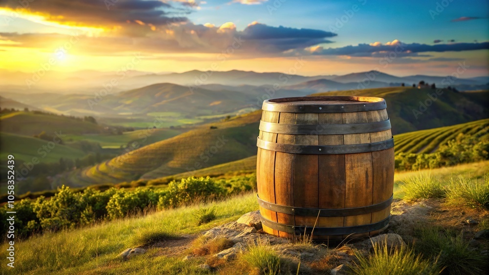 Empty whiskey barrel sitting on a hillside overlooking a valley, rustic furniture, hillside, vintage barrel, valley Empty whiskey barrel sitting on a hillside overlooking a valley, rustic furniture, hillside, vintage barrel, valley