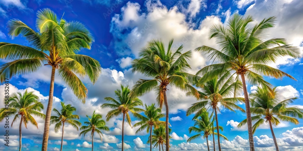 Palm trees swaying in the breeze against a clear blue sky with fluffy white clouds, palm tree, fluffy clouds, palm grove, beachy landscape Palm trees swaying in the breeze against a clear blue sky with fluffy white clouds, palm tree, fluffy clouds, palm grove, beachy landscape