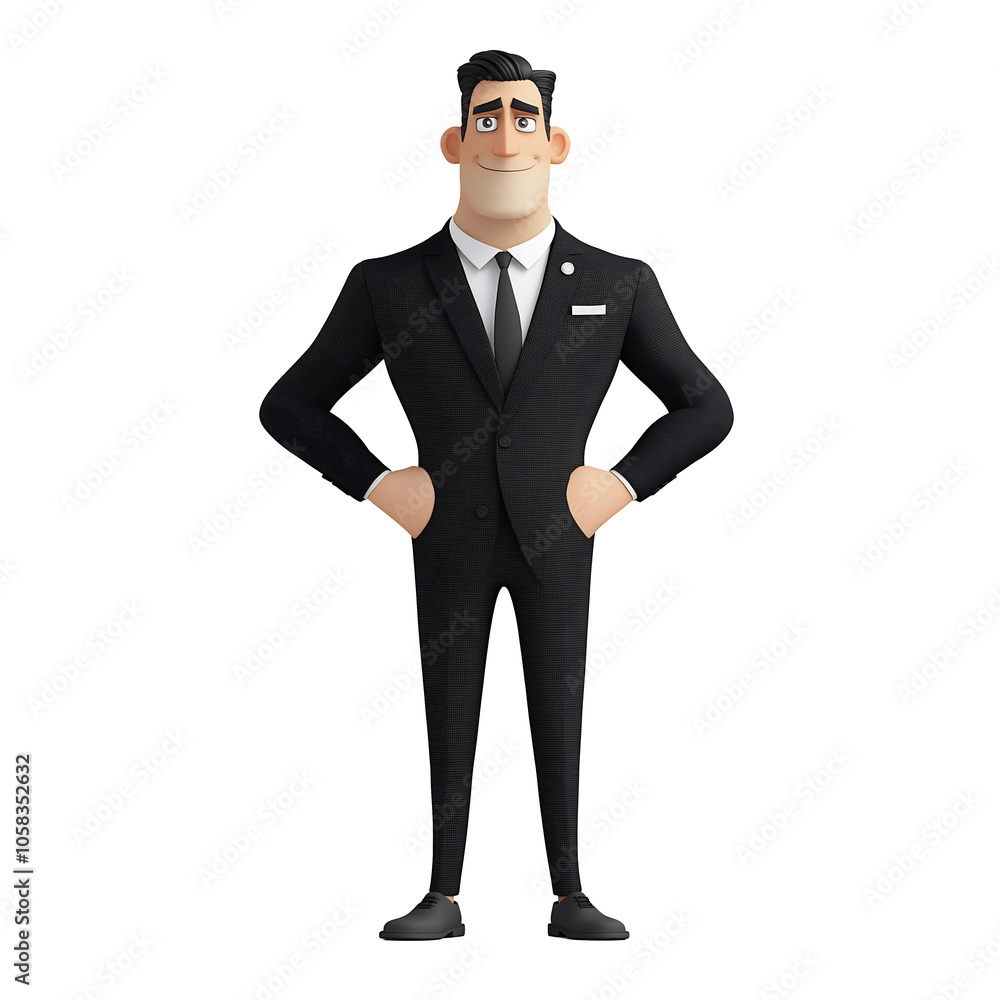 The character showcases a smart black suit and slicked-back hair, exuding professionalism and confidence in a clean, modern environment perfect for corporate settings The character showcases a smart black suit and slicked-back hair, exuding professionalism and confidence in a clean, modern environment perfect for corporate settings