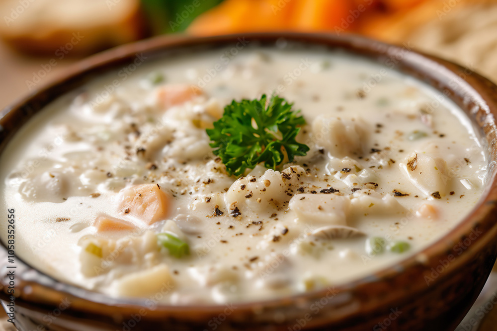 Delicious clam chowder served in a rustic bowl with fresh herbs and spices Delicious clam chowder served in a rustic bowl with fresh herbs and spices