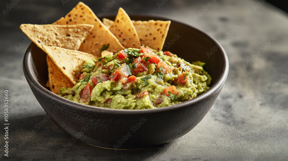 Bowl of Guacamole With Tortilla Chips, Captured From a Side Angle, Emphasizing the Creamy Texture of the Dip and the Crisp Chips Bowl of Guacamole With Tortilla Chips, Captured From a Side Angle, Emphasizing the Creamy Texture of the Dip and the Crisp Chips
