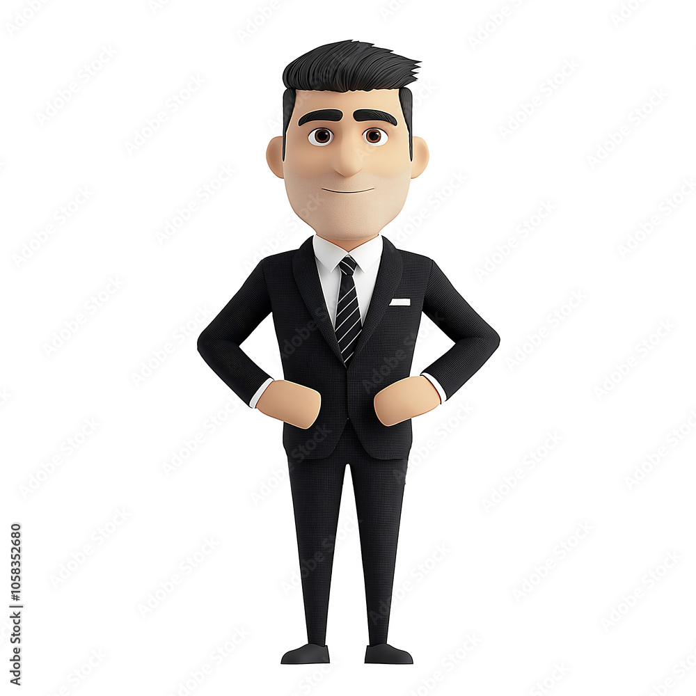 A clean and stylized human character is depicted wearing a tailored suit and presenting an assertive stance with a friendly expression, suitable for various professional environments A clean and stylized human character is depicted wearing a tailored suit and presenting an assertive stance with a friendly expression, suitable for various professional environments