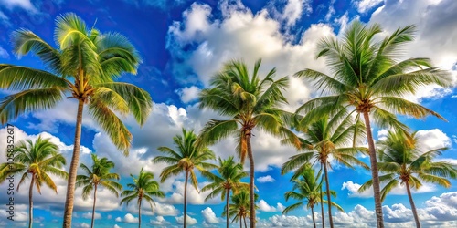 Wallpaper Mural Palm trees swaying in the breeze against a clear blue sky with fluffy white clouds, palm tree, fluffy clouds, palm grove, beachy landscape Torontodigital.ca