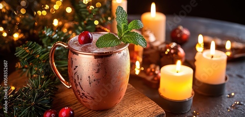 A festive Moscow mule in a copper mug, garnished with a sprig of mint and a cranberry, with a backdrop of holiday candles and a sparkling Christmas tree. photo