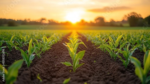 Young Corn Plants at Sunset