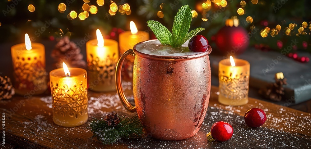 A festive Moscow mule in a copper mug, garnished with a sprig of mint and a cranberry, with a backdrop of holiday candles and a sparkling Christmas tree. A festive Moscow mule in a copper mug, garnished with a sprig of mint and a cranberry, with a backdrop of holiday candles and a sparkling Christmas tree.