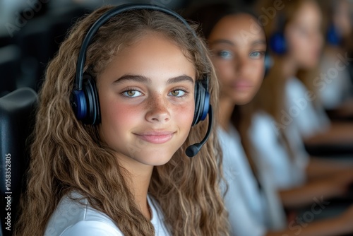 Customer Support Team: Diverse Women at Helpdesk Office with Headsets photo