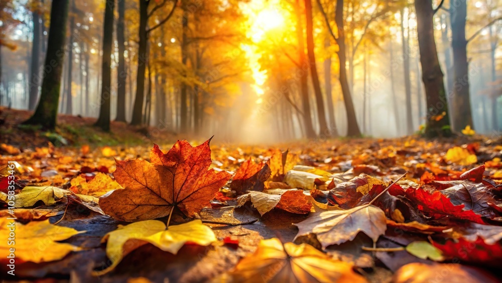 Misty morning dew clings to fallen leaves on the forest floor amidst vibrant hues of yellow, amber, and crimson, autumn foliage, fall colors, golden hour, leaf litter Misty morning dew clings to fallen leaves on the forest floor amidst vibrant hues of yellow, amber, and crimson, autumn foliage, fall colors, golden hour, leaf litter