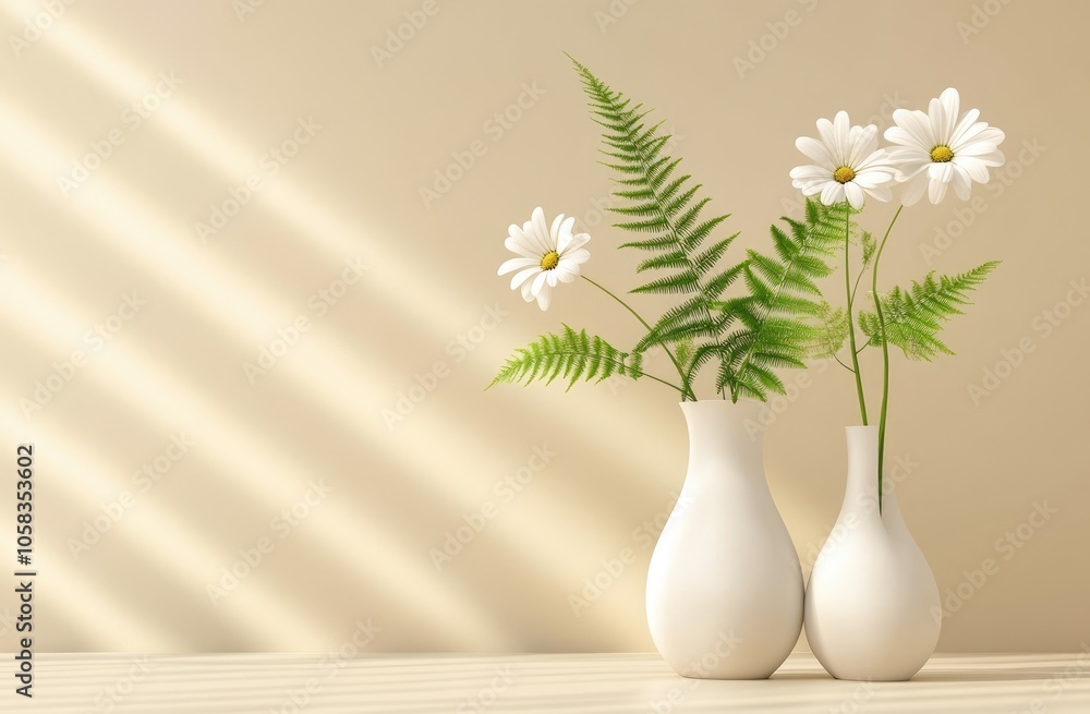 Minimalist plain beige background for product presentation with a white podium and flowers, and ferns on the side Minimalist plain beige background for product presentation with a white podium and flowers, and ferns on the side