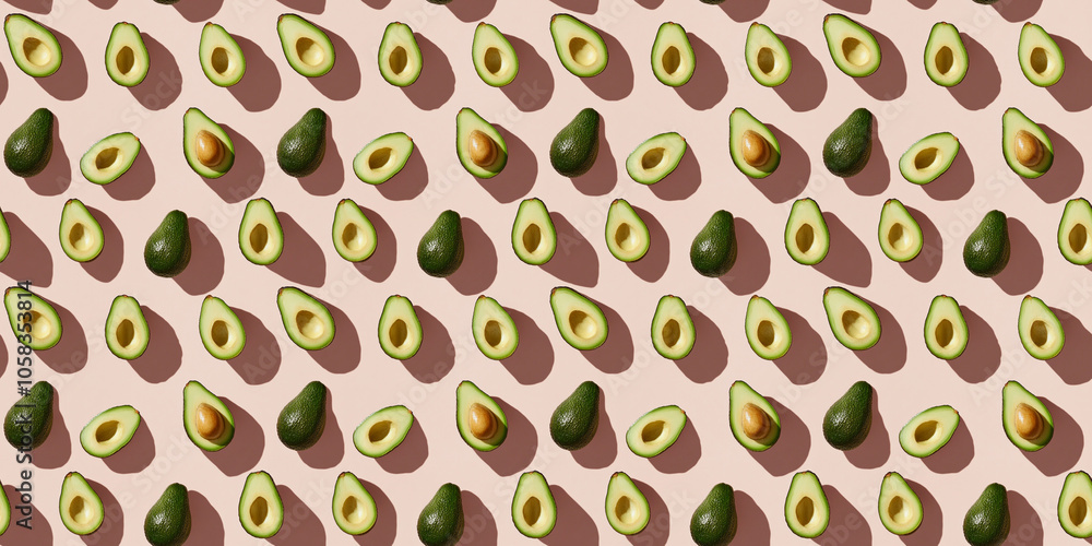 A seamless pattern of avocados, each with its shadow, scattered across the canvas in an elegant display, with soft shadows on a soft pale pink color background A seamless pattern of avocados, each with its shadow, scattered across the canvas in an elegant display, with soft shadows on a soft pale pink color background