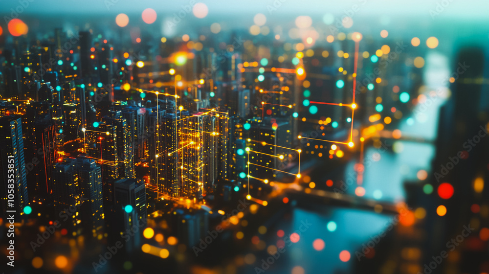 Obraz premium Smart digital Innovation city with connection network reciprocity over the cityscape. of future smart wireless digital city and social media networking systems that connects people with in city