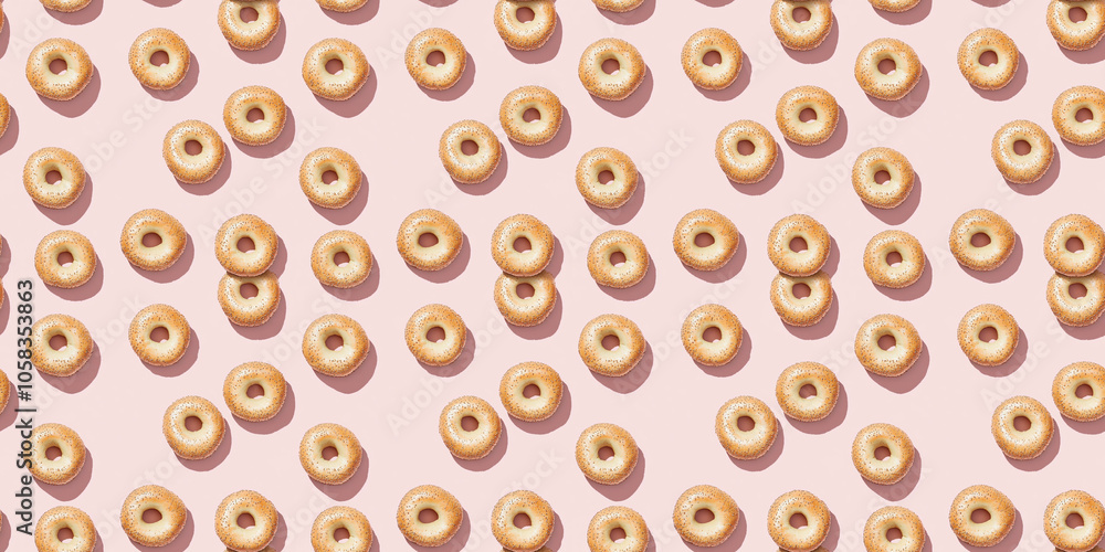 A seamless pattern of bagels, each with its shadow, scattered across the canvas in an elegant display, with soft shadows on a soft pale pink color background A seamless pattern of bagels, each with its shadow, scattered across the canvas in an elegant display, with soft shadows on a soft pale pink color background