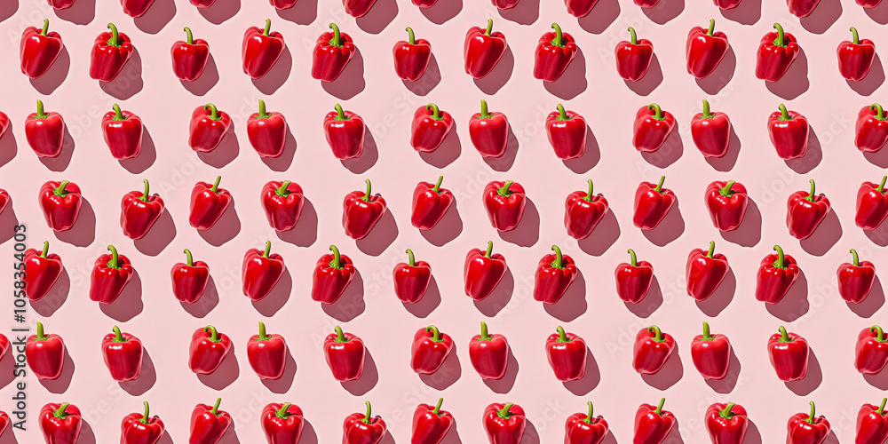 A seamless pattern of bell peppers, each with its shadow, scattered across the canvas in an elegant display, with soft shadows on a soft pale pink color background A seamless pattern of bell peppers, each with its shadow, scattered across the canvas in an elegant display, with soft shadows on a soft pale pink color background