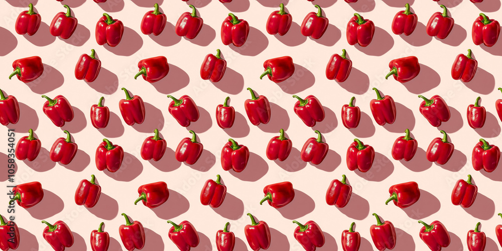A seamless pattern of bell peppers, each with its shadow, scattered across the canvas in an elegant display, with soft shadows on a soft pale pink color background A seamless pattern of bell peppers, each with its shadow, scattered across the canvas in an elegant display, with soft shadows on a soft pale pink color background
