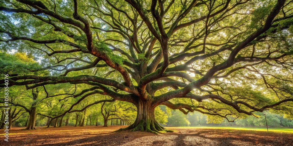 Mature oak tree with sprawling canopy and leaf litter on ground, tree age, oak tree, rustic, tree growth, woodland Mature oak tree with sprawling canopy and leaf litter on ground, tree age, oak tree, rustic, tree growth, woodland