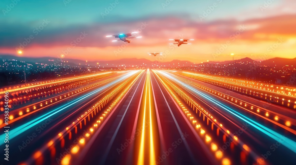 Drones flying over a vibrant illuminated highway at sunset, dynamic motion effect. Drones flying over a vibrant illuminated highway at sunset, dynamic motion effect.