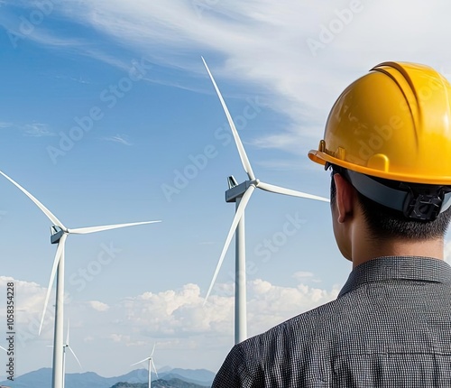 Engineer observing wind turbines under a blue sky, renewable energy focus.